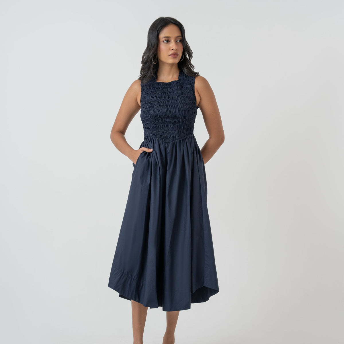 Seas The Day Smocked Cross-Back Midi Dress
