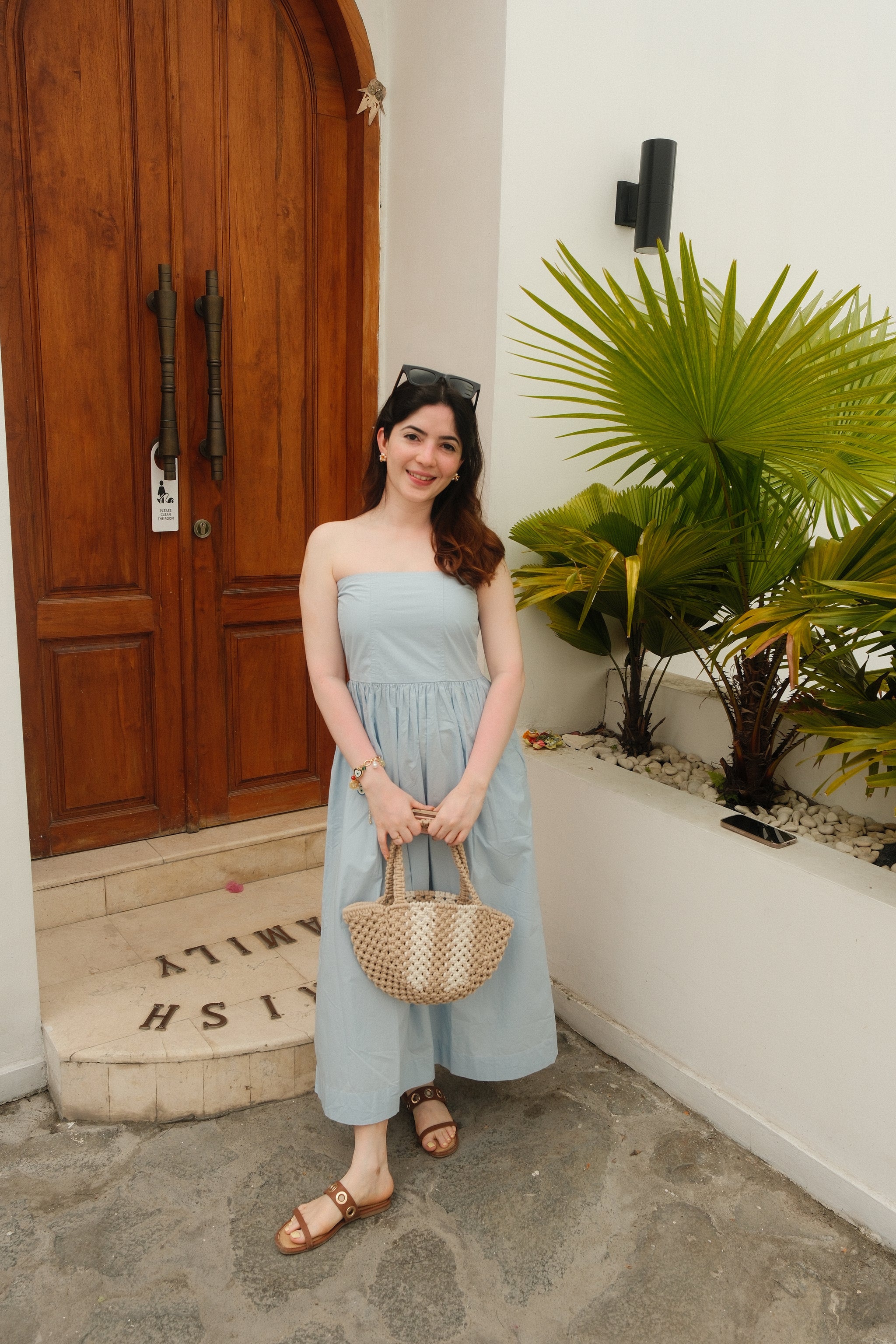 RIYA in Bellagio Breeze Dress with Mini Honeycomb Bag