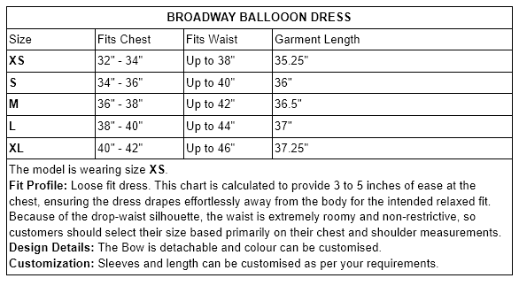 BROADWAY BALLOON DRESS Size Guide