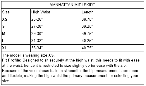 MANHATTAN MIDI SKIRT Size Guide