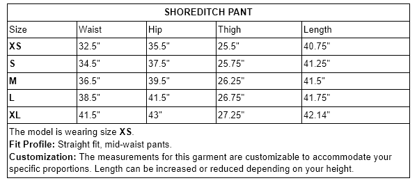 SHOREDITCH PANT Size Guide