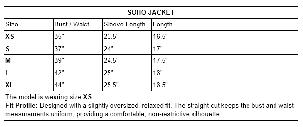 SOHO JACKET Size Guide